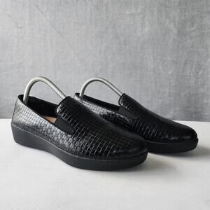 Fitflop Loafers Women Size 9 Woven Black Leather Slip On Shoes Superskate